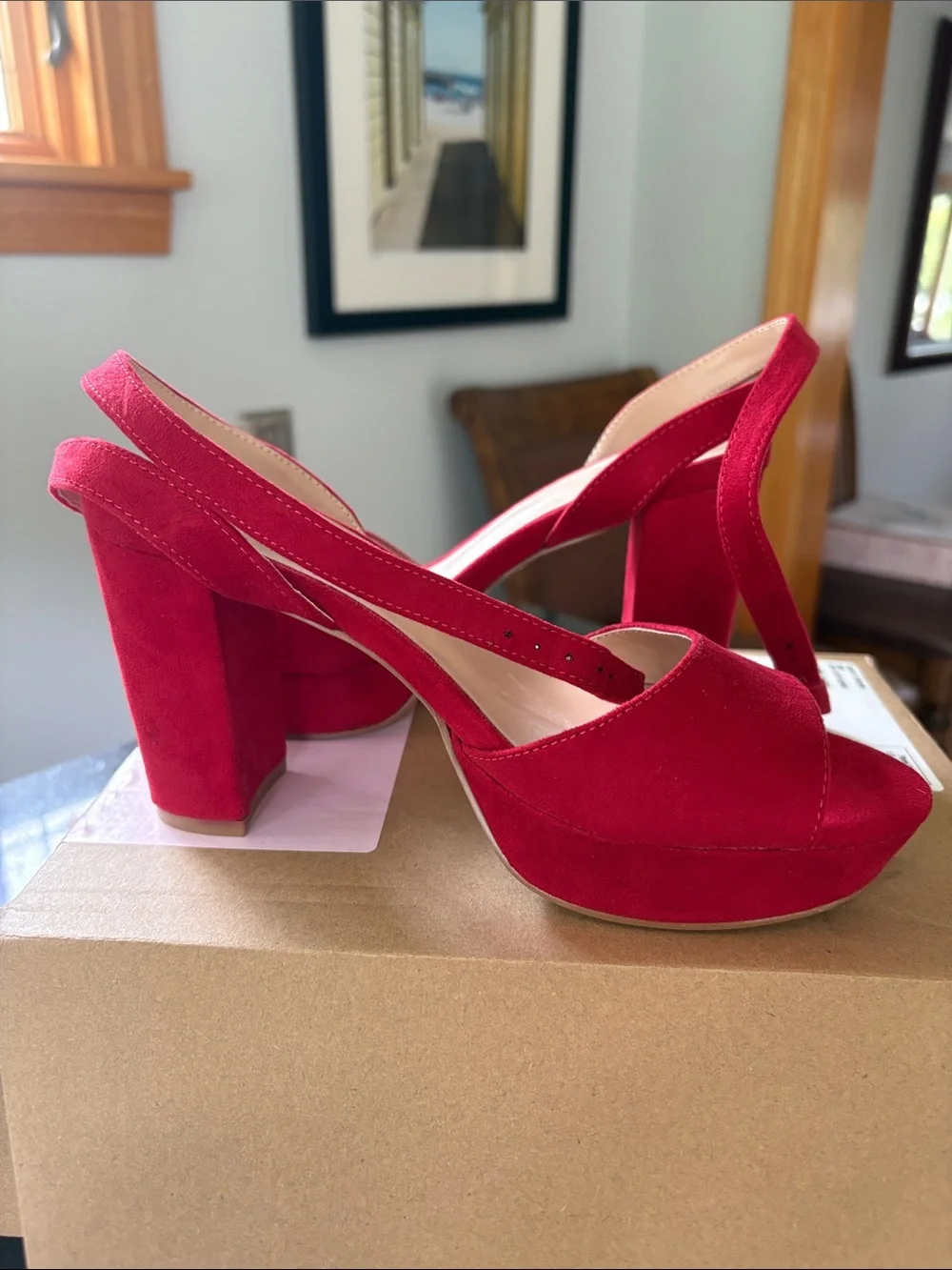 Journee Collection Red Suede Platform Block Heel Sandals